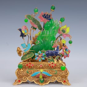 An Exquisite Filigree and Gilding Inlaid Jadeite Lotus Ornament,Inlaid Gems