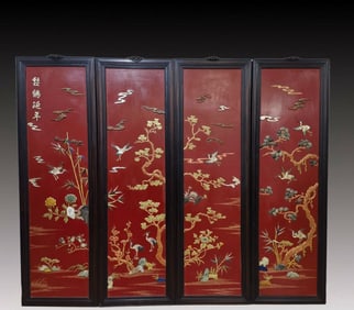 A Set of Huge Zitanwood Flower and Bird Pattern Hanging Panels, Inlaid Gems