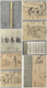A Chinese Hand Scroll Ink Painting of Figure and Horse on Paper,Liu Songnian