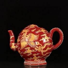 An Exquisite Ji Red Glazed Paste relief Painted Gold Auspicious Cloud and Phoenix Pattern