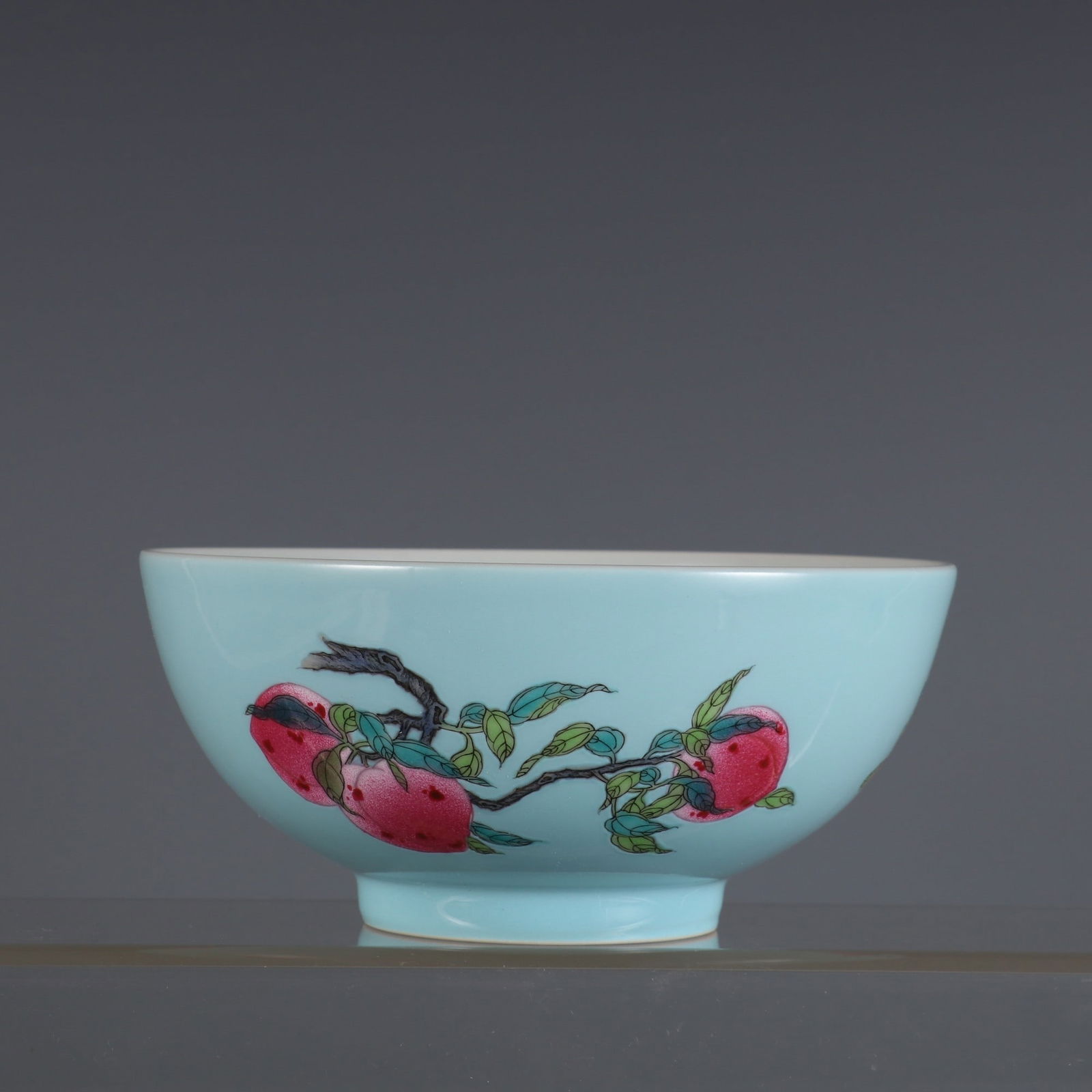 An Exquisite Turquoise Ground Enamel Fruit Pattern Bowl: An Exquisite Turquoise Ground Enamel Fruit Pattern Bowl,Qing Dynasty, China,Yongzheng Four-character Mark,Size:2.8inx6in 松石绿地珐琅彩果纹碗