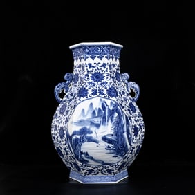 A Huge Blue and White Lotus,Landscape and Figure Pattern Double-Ears Vase