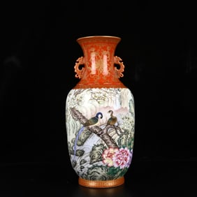 A Rare Iron-Red Glazed Famille-Rose Painted Gold Flower and Bird Pattern Double-Ears Vase,With Poem