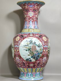 A Huge Ruby Red-Glazed Famille-Rose Painted Gold Lotus,Landscape and Figure Pattern Vase