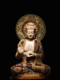 A Solemn Marble Painted Color Statue of Sakyamuni