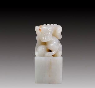 An Exquisite Greenish Jade Auspicious Beast Pattern Seal