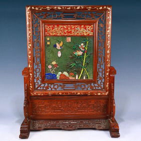A Huge Huanghuali woodInlaid Jasper Flower and Bird Pattern Table Screen,Inlaid Gems