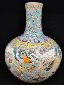 A Huge Turquoise Ground Famille-Rose Painted Gold Landscape and Figure Pattern Vase