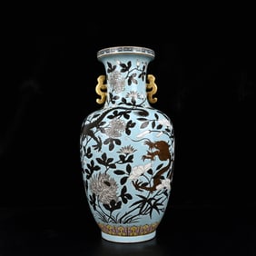 A Rare Blue Glazed Ink Color Painted Gold Flower and Dragon Pattern Double-Ears Vase