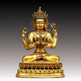 A Solemn Gilt Bronze Statue of Four-arms Guanyin,Inlaid Turquoise