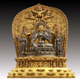 A Solemn Gilt Bronze Statue of Tara,Inlaid Turquoise