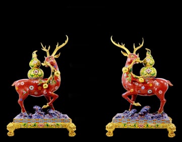 A pair of cloisonné sika deer ornaments