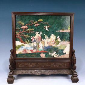 A Huge ZitanwoodInlaid Jasper Landscape and Figure Pattern Table Screen,Inlaid Gems