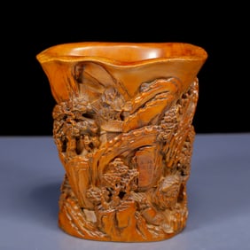 An Exquisite Sandalwood  Landscape and Figure Pattern Brush Pot