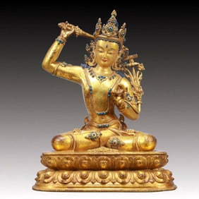 A Solemn Gilt Bronze Inlaid Gems Statue of Manjusri
