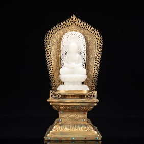 An Exquisite White Jade Statue of Sakyamuni,With Gilt Bronze Base,Inlaid Gems