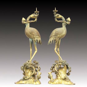 A Pair of Rare Gilt Bronze Crane Candlesticks