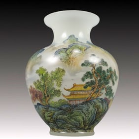 A Precious Coloured glaze Famille-Rose Landscape Pattern Vase,With Poem
