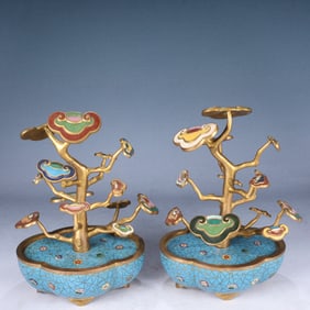 A Pair of Exquisite Cloisonne Flower Pattern Ganoderma lucidum Bonsai