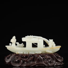 An Exquisite White Jade Figure Pattern Boat Ornament,With Base