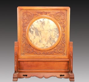 A Marvelous Huanghuali Wood Marble Stone-Inlaid 'Chi-Dragon' Table Screen