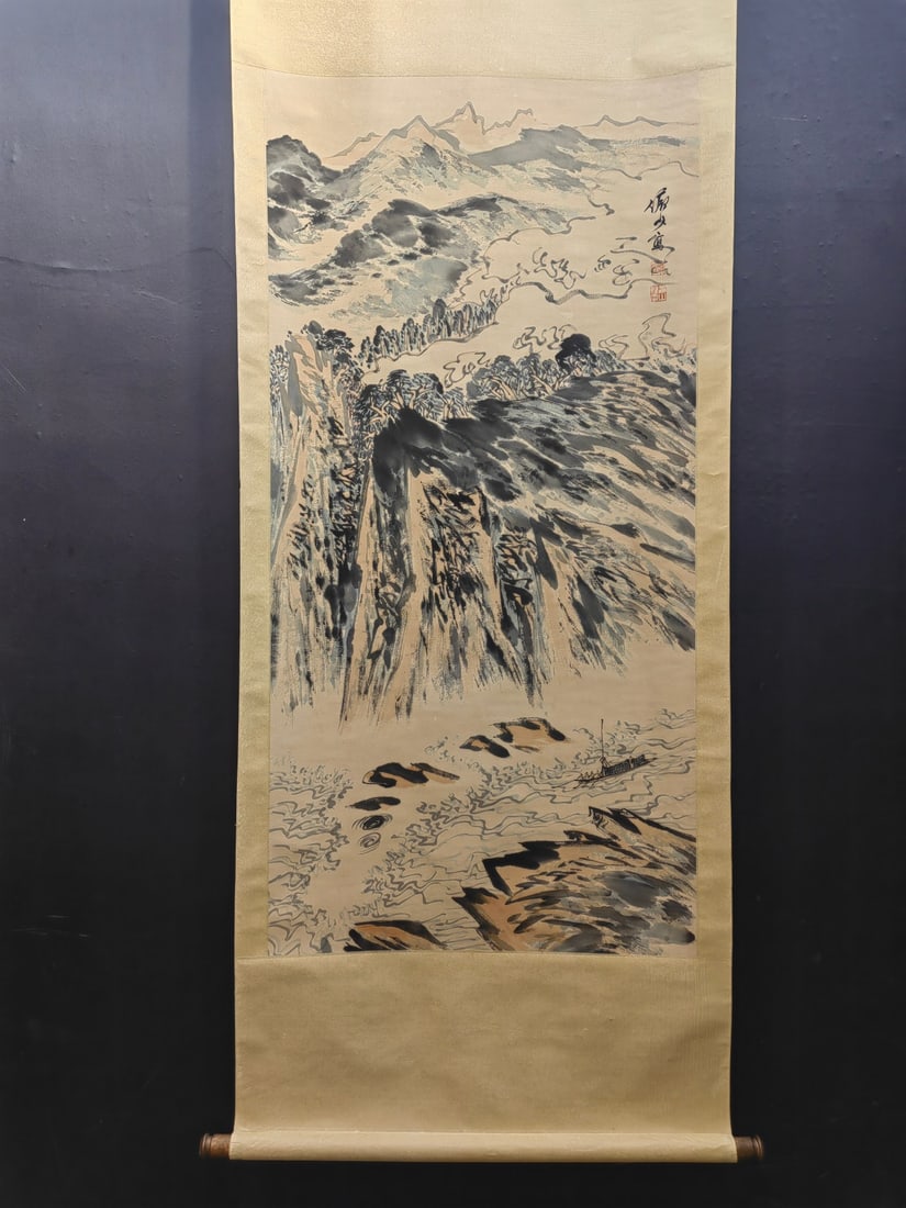 A Chinese Vertical Scroll Ink Painting of Landscape on Paper,Lu Yanshao: A Chinese Vertical Scroll Ink Painting of Landscape on Paper,Lu Yanshao,Size:26.6inx54.5in 一幅中国水墨山水画立轴,陆俨