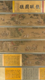 A Chinese Hand Scroll Ink Painting of Hunting on Silk,Li Gonglin