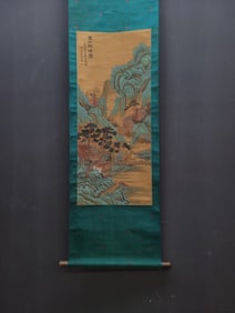A Chinese Vertical Scroll Ink Painting of Landscape on Silk,Jing Hao