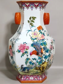 A Huge Famille-Rose Painted Gold Flower and Bird Pattern Double-Ears Vase,With Poem