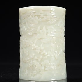 An Exquisite White Jade Landscape,Pine and Crane Pattern Brush Pot