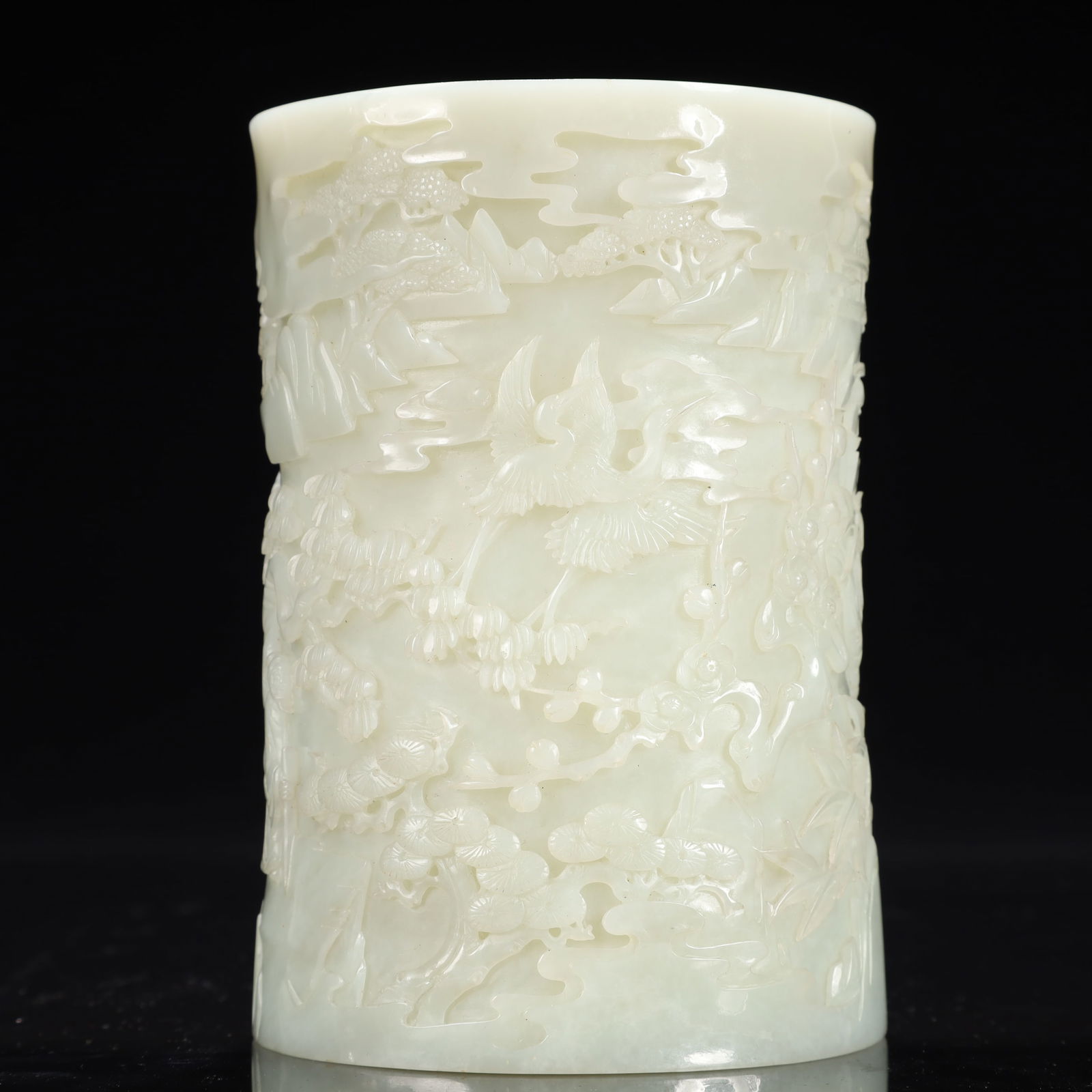 An Exquisite White Jade Landscape,Pine and Crane Pattern Brush Pot: An Exquisite White Jade Landscape,Pine and Crane Pattern Brush Pot,Qing Dynasty, China,Size:3.9inx5.9in,Weight:1200g 白玉山水松鹤纹笔筒,中&#
