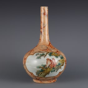 A Huge Marbled Glazed Famille-Rose Painted Gold Pine and Monkey Pattern Vase