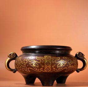 An Exquisite Gilt Bronze Beast-Face Pattern Double-Ears and Tripod Censer
