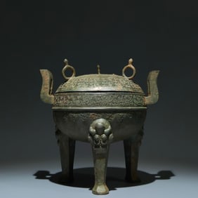 An Archaic Bronze Feather Pattern Double-Ears and Tripod Food Vessel