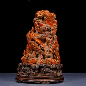 A Rare Boxwood Landscape and Figure Pattern Ornament with Zitanwood Base