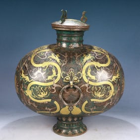 An Archaic Bronze Inlaid Gold and Silver Figure and Dragon Pattern Beast-Ears Cover Jar,With