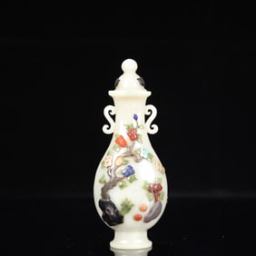 An Exquisite White Jade Bats and Peach Pattern Double-Ears Bottle,Inlaid Gems