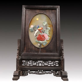 An Exquisite Agate Inlaid Gems Flower and Bird Pattern Screen,With Poem