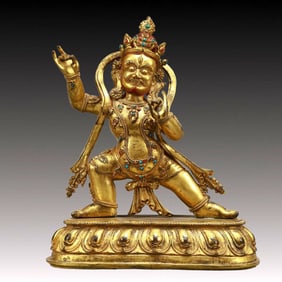 A Solemn Gilt Bronze Statue of Bodhisattva,Inlaid Turquoise