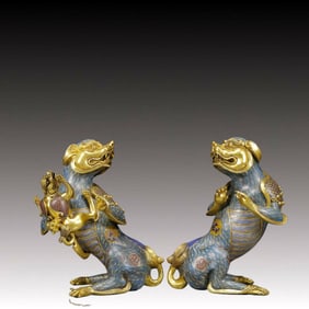 A Pair of Rare Cloisonne Auspicious Beast Ornaments