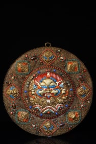 A Rare Bronze Inlaid Gems and Dzi Bead Beast-Face Pattern Tangka