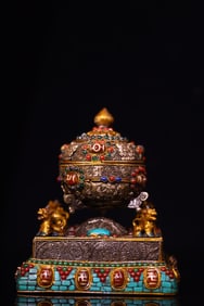 A Rare Silver Inlaid Gems and Dzi Bead Ornament,With Scriptures