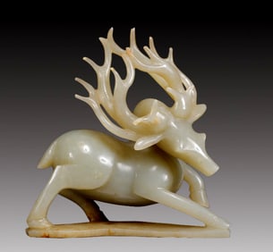 An Exquisite Greenish Jade Sika Deer Ornament