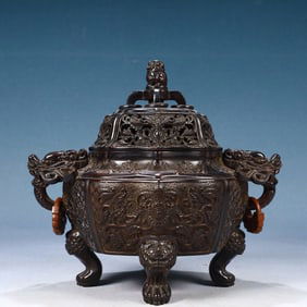 An Exquisite Zitanwood Lotus Pattern Beast-Ears and Tripod Censer