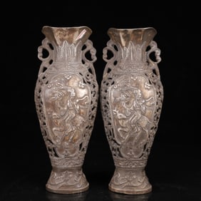 A Pair of Exquisite Silver Character and Story Pattern Double-Ears Vases