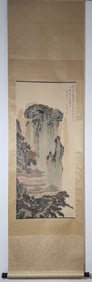 A Chinese Vertical Scroll Ink Painting of Landscape and Figure on Paper,Fu Ru