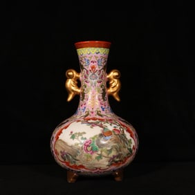 An Exquisite Enamel Pink Ground Painted Gold Flower and Bird Pattern Double-Ears and Tripod Vase