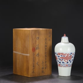 A Rare Blue and White Underglaze-Red Lotus and Phoenix Pattern Bottle