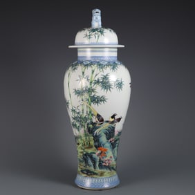 A Huge Blue and White Enamel Flower and Bird Pattern Cover Jar,With Poem