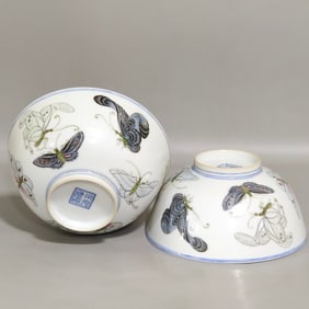 A Pair of Exquisite Famille-Rose Butterfly Pattern Bowls